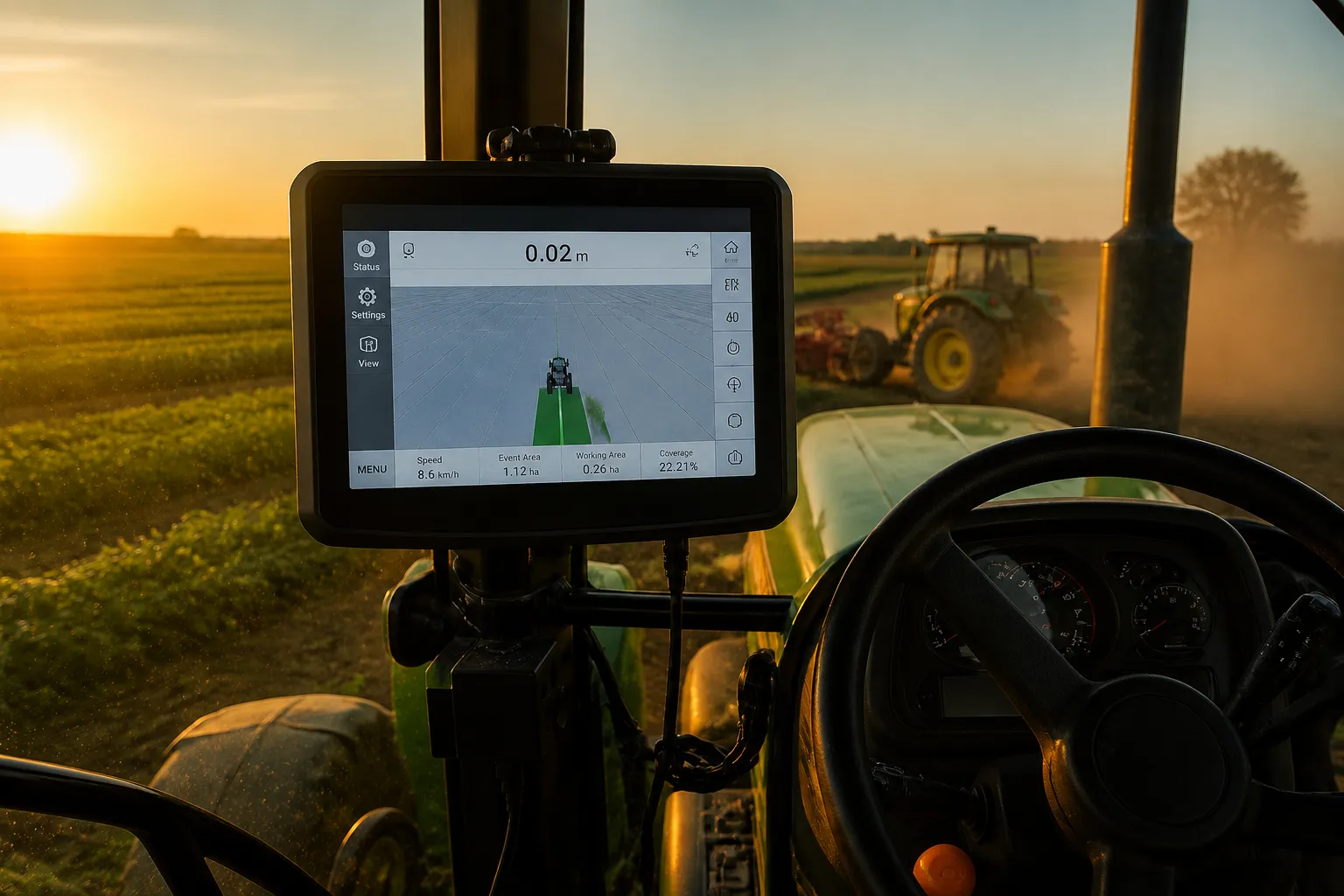 Tractor GPS India running FarmaKing Auto Steering with Agricultural GPS System display showing an AB Line Tractor in a green field