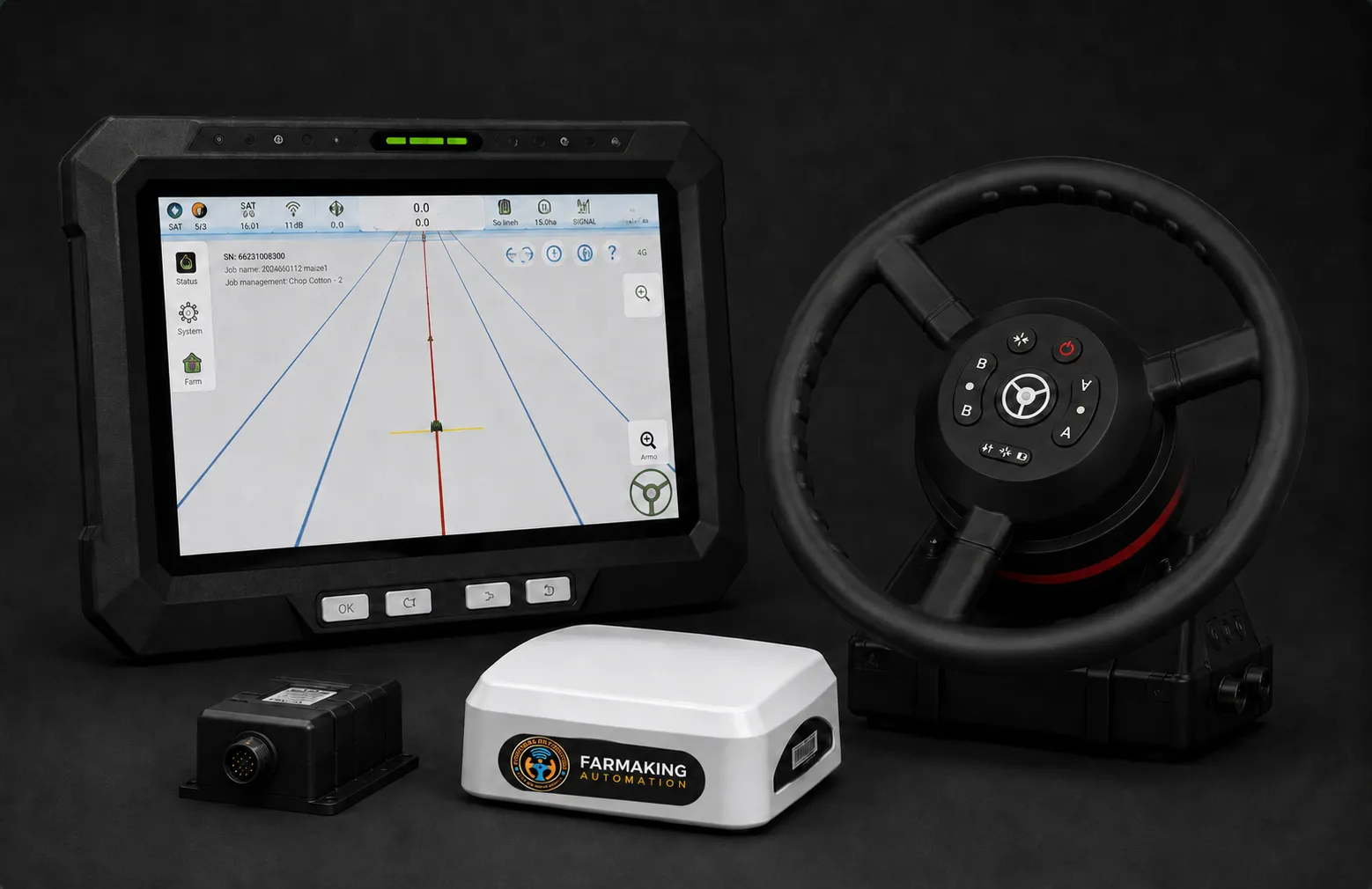 FarmaKing MAX-200 advanced GPS Auto Steering System with integrated steering wheel control and 10.1 inch curve guidance display