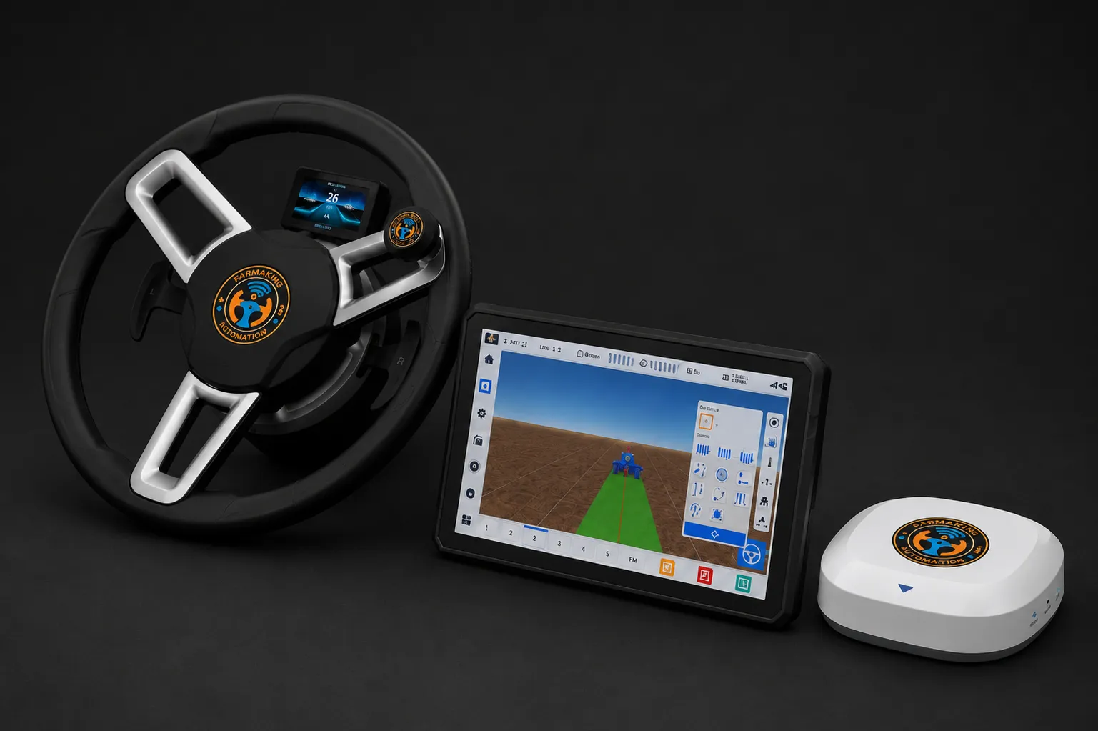 FarmaKing MAX-300 flagship Tractor GPS Guidance System with 12.1 inch ultra HD display and pedal shifters on a motorized steering wheel